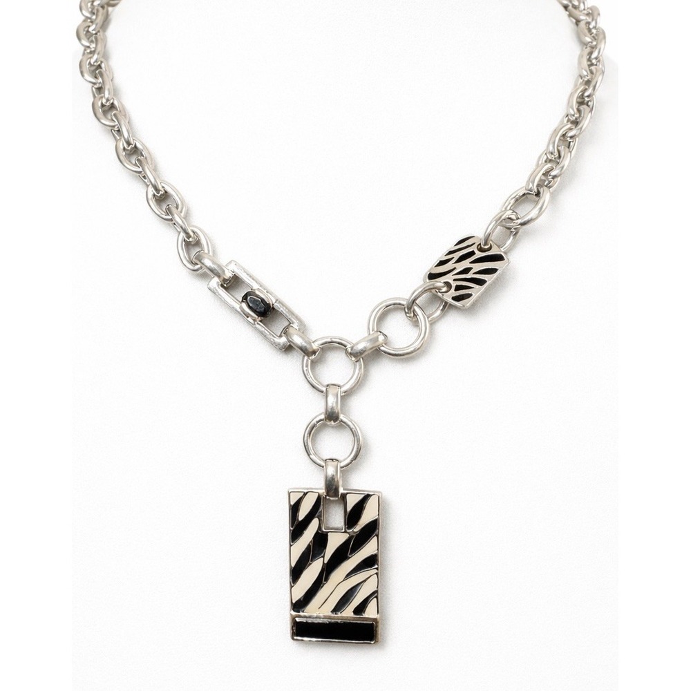 David Sigal Zebra Enamel Pendant Necklace 925 Sterling Silver Toggle Chain Black
